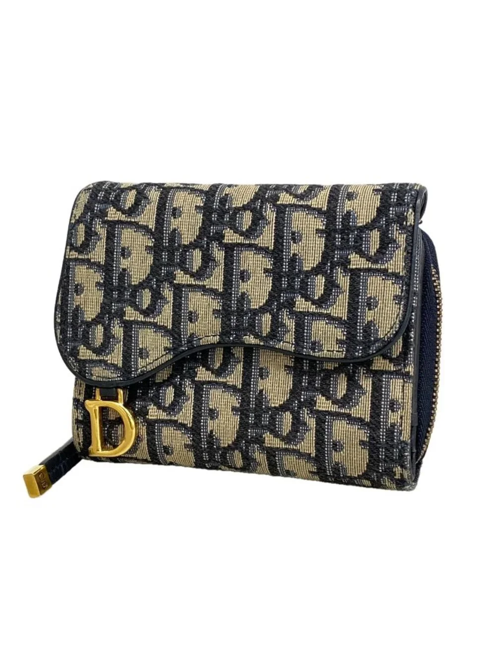 Dior Trifold Wallet Oblique Saddle Canvas Navy Gold